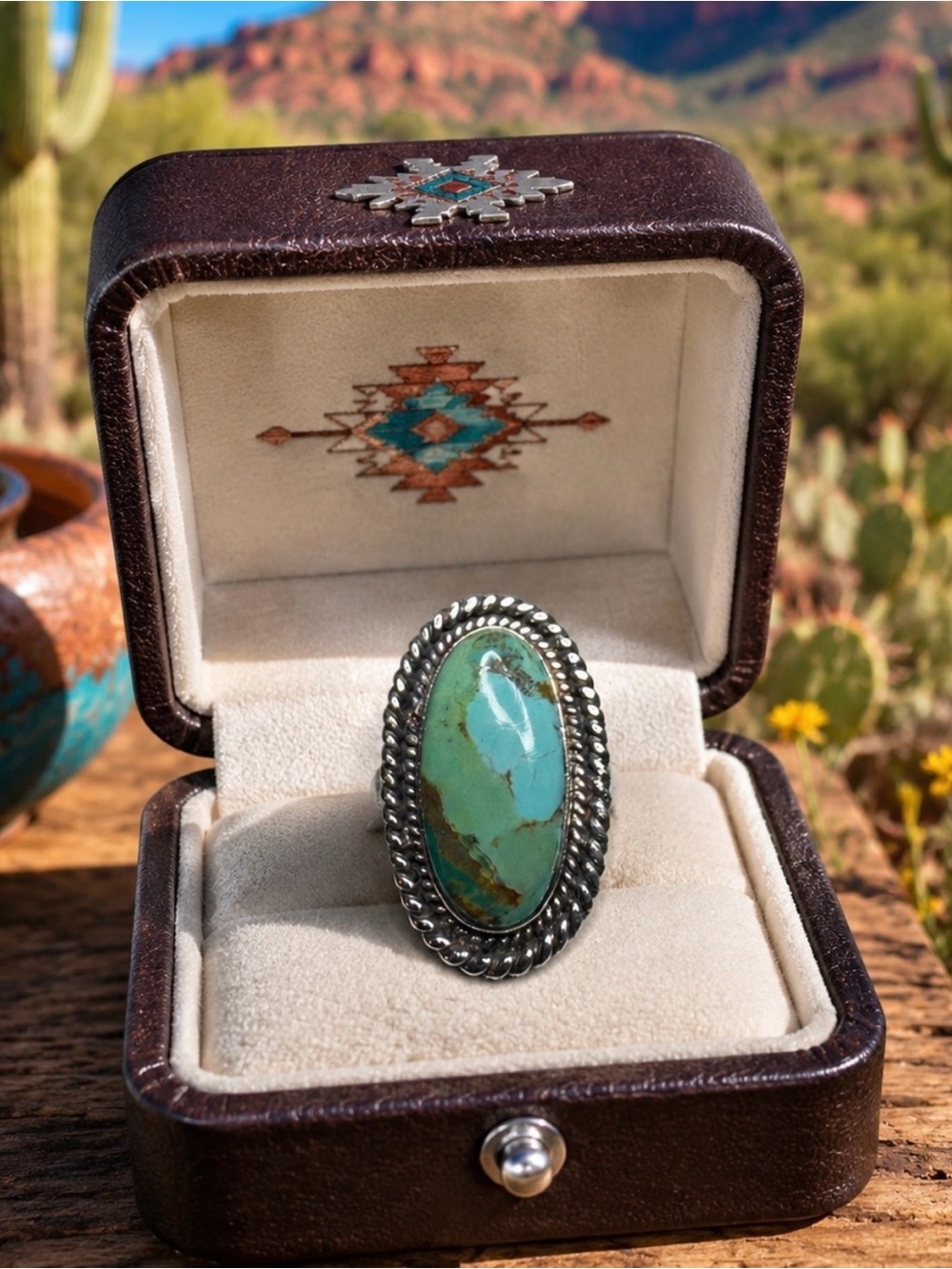 Ring Genuine Turquoise Sterling Silver Oval Statement Twisted Rope Frame